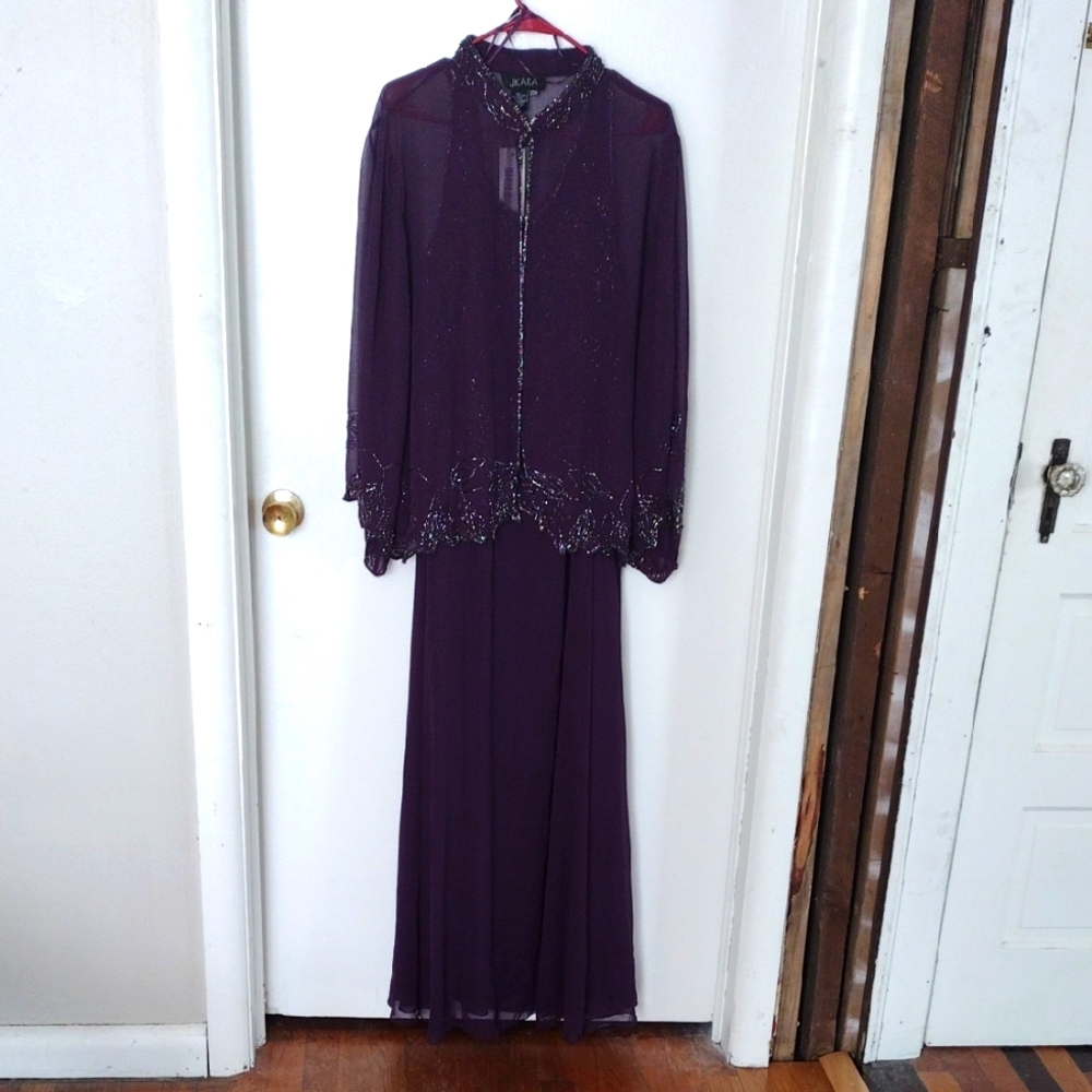 J Kara Deep Burgundy Gown with Beaded Accents